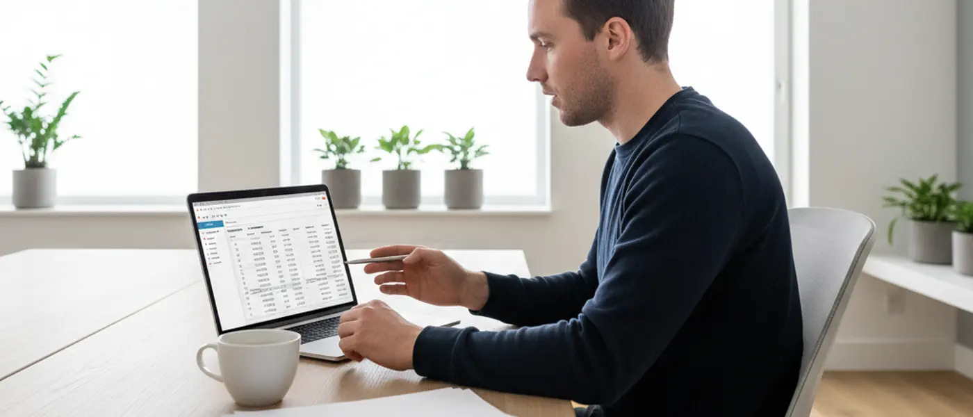Ondernemer vergelijkt facturen op een laptop met boekhoudsoftware in een thuiskantoor