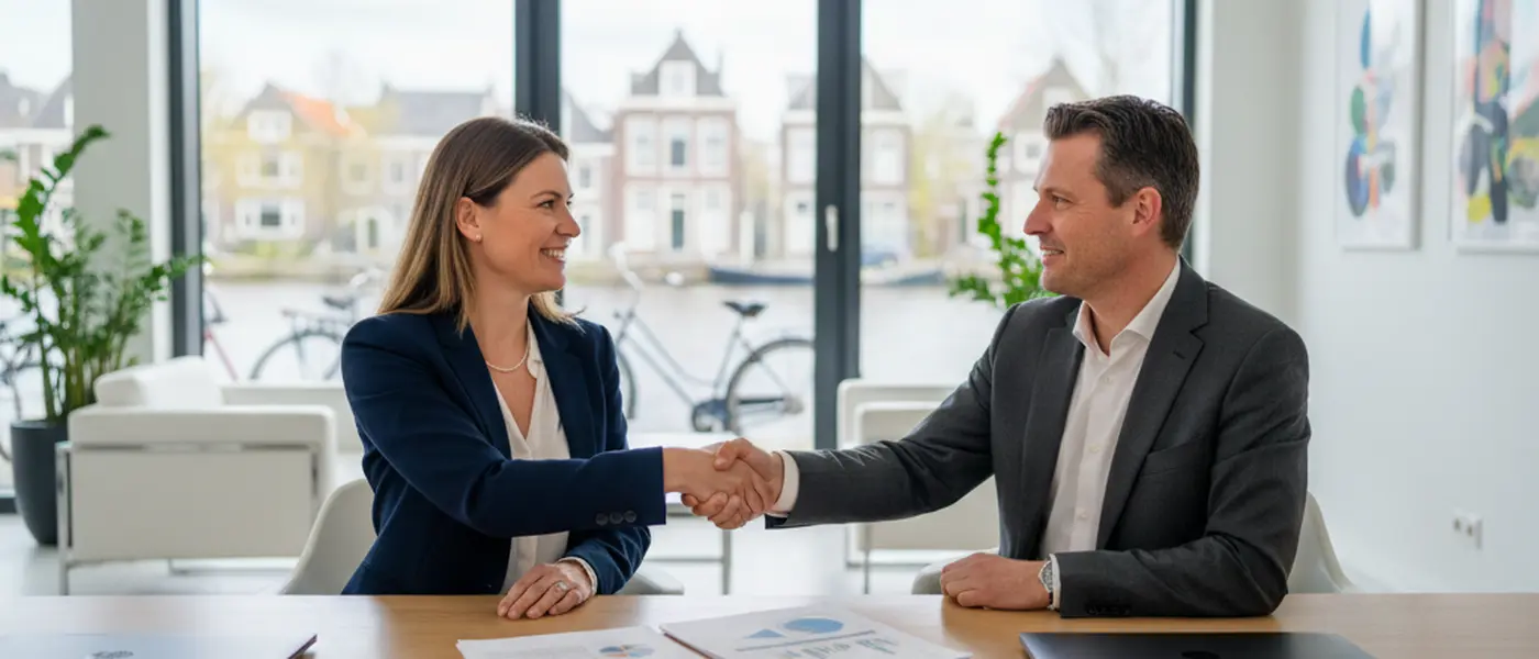 Onderneemster schudt hand met nieuwe financieel adviseur in een modern kantoor in Nederland