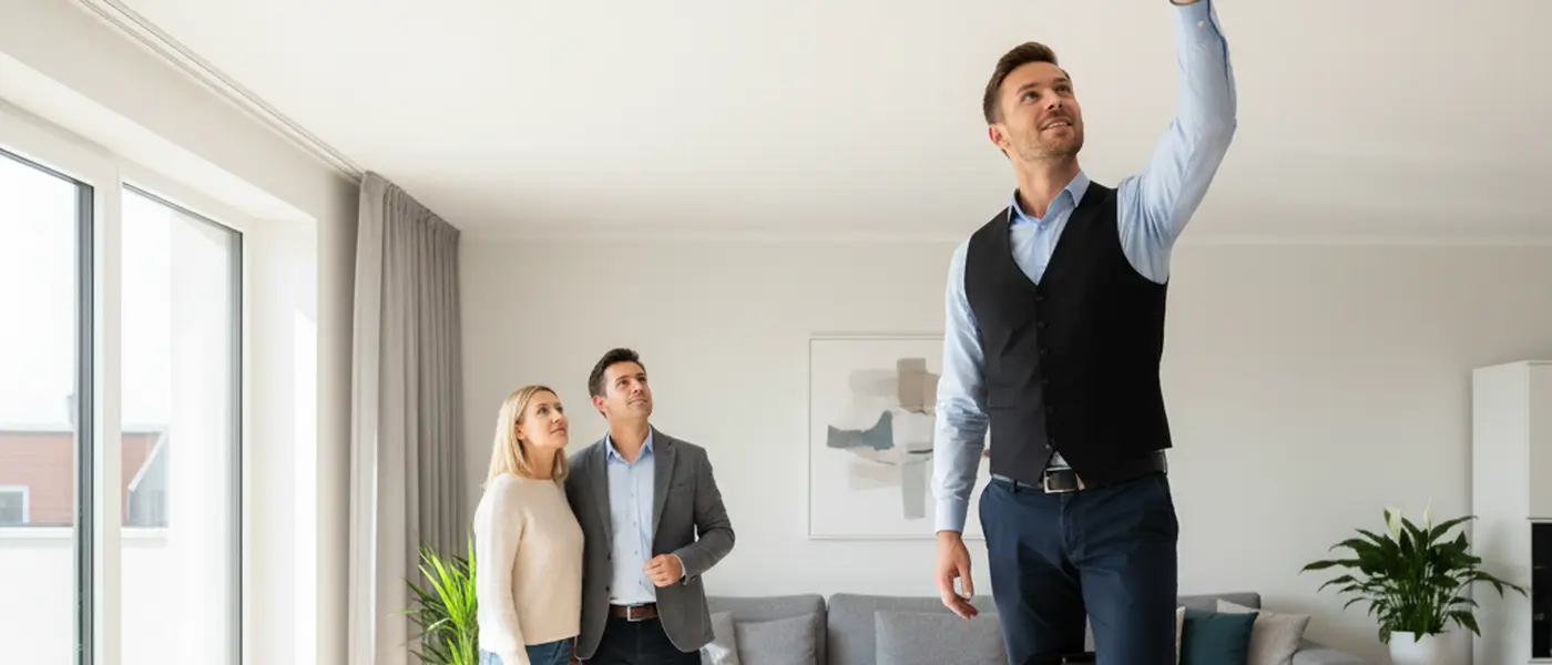 Beveiligingsexpert controleert rookmelder op plafond in moderne Nederlandse woning, professionele inspectie in helder daglicht