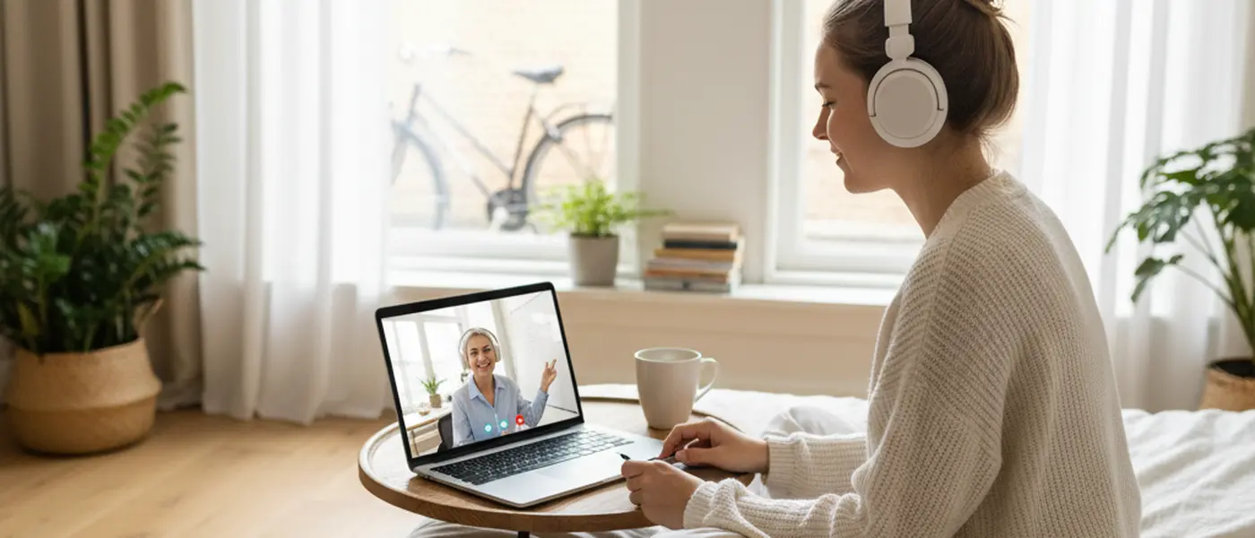 Leerling volgt online bijles Engels via laptop met docent op scherm, koptelefoon op en notitieboek open