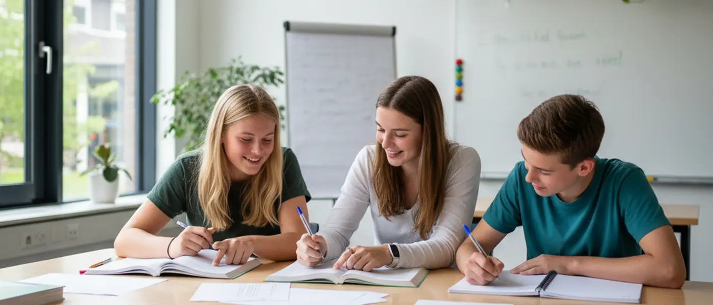 Groep Nederlandse tieners studeert samen Engels aan een tafel in een licht klaslokaal met boeken en werkbladen