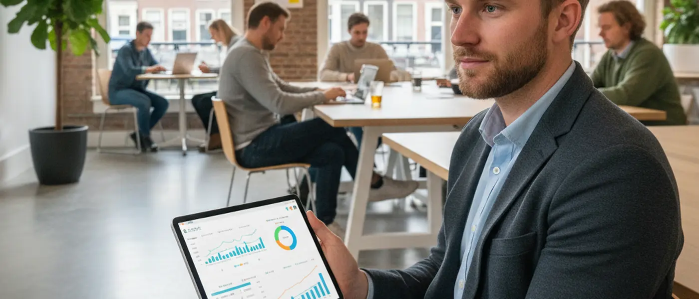 Nederlandse ondernemer bekijkt boekhoudsoftware met grafieken op tablet in co-werkruimte