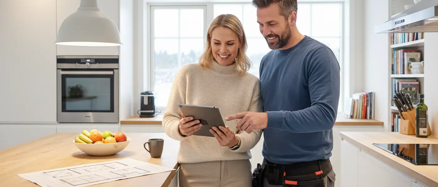 Huseier og rørlegger gjennomgår oppussingsplaner på et nettbrett i et moderne norsk kjøkken