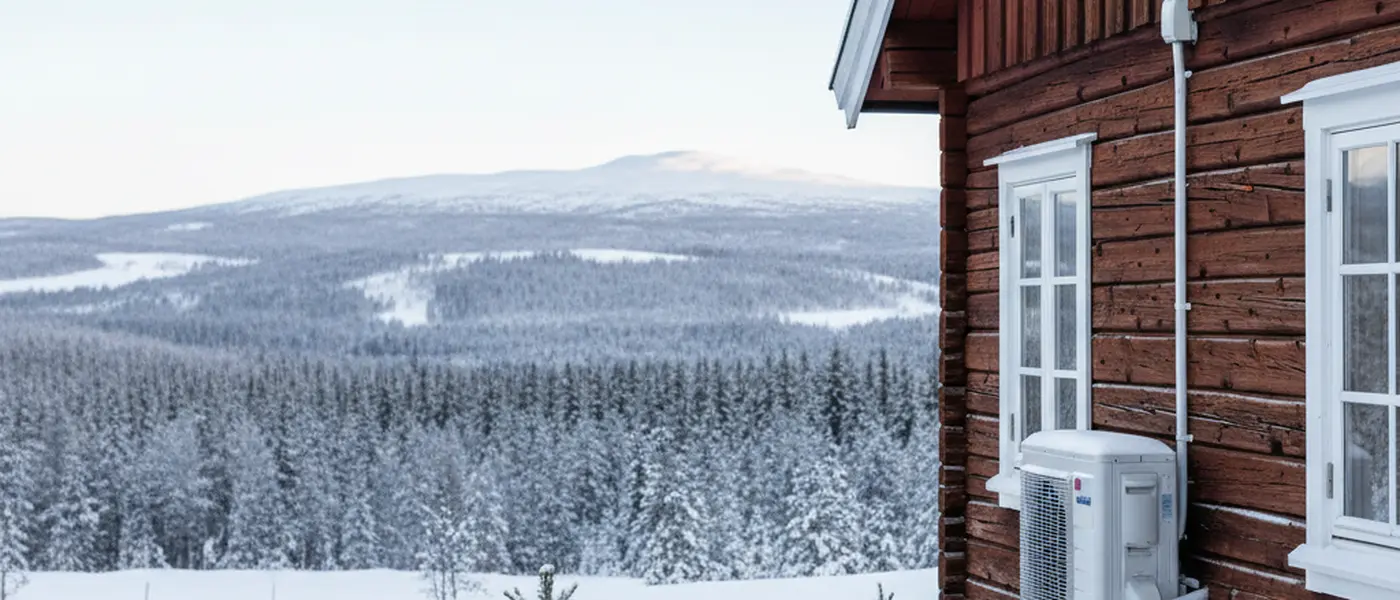 Moderne varmepumpe montert på yttervegg av norsk trehus med snølandskap i bakgrunnen