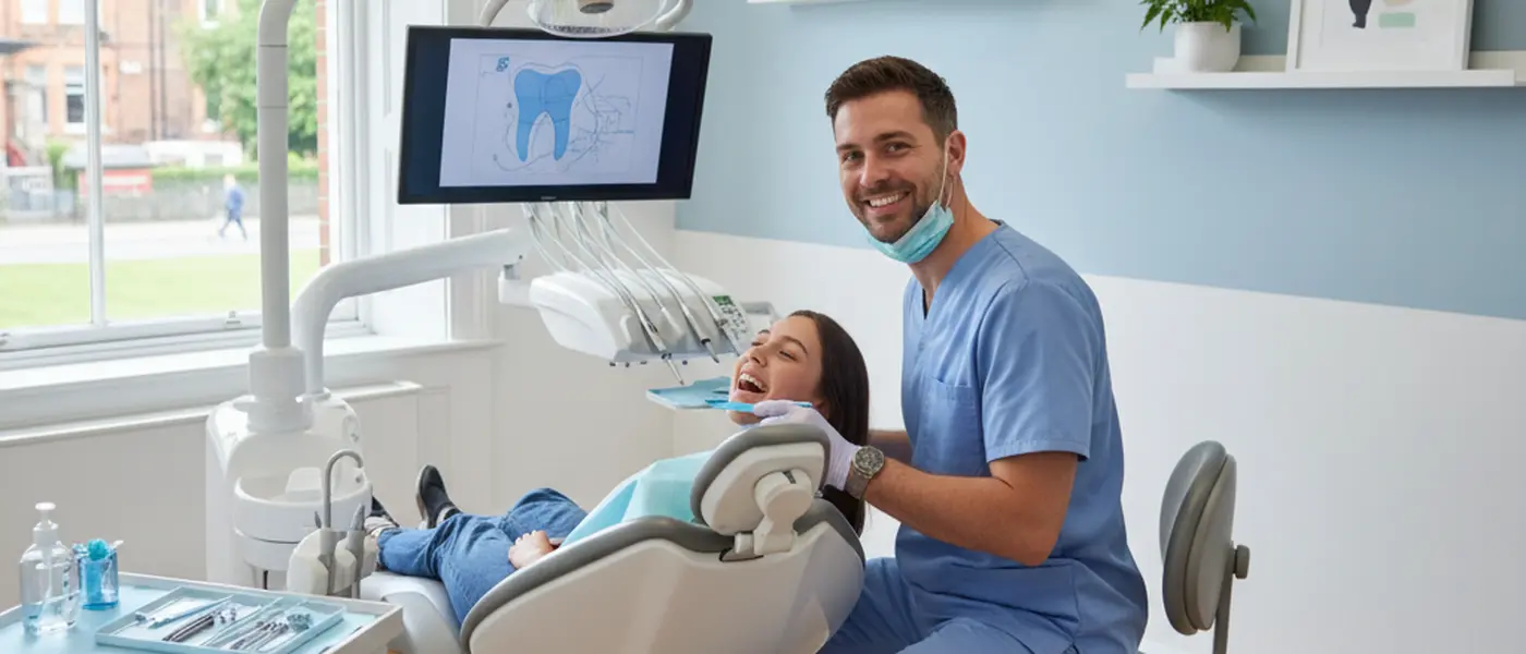 Dentist in blue scrubs examining a patient in a bright modern dental surgery in England