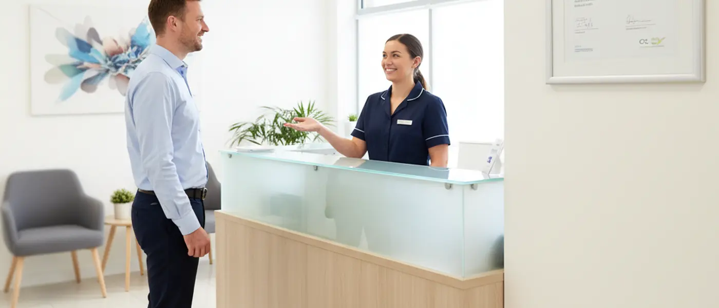 Reception desk in a UK dental practice with a CQC certificate on the wall and receptionist welcoming a patient