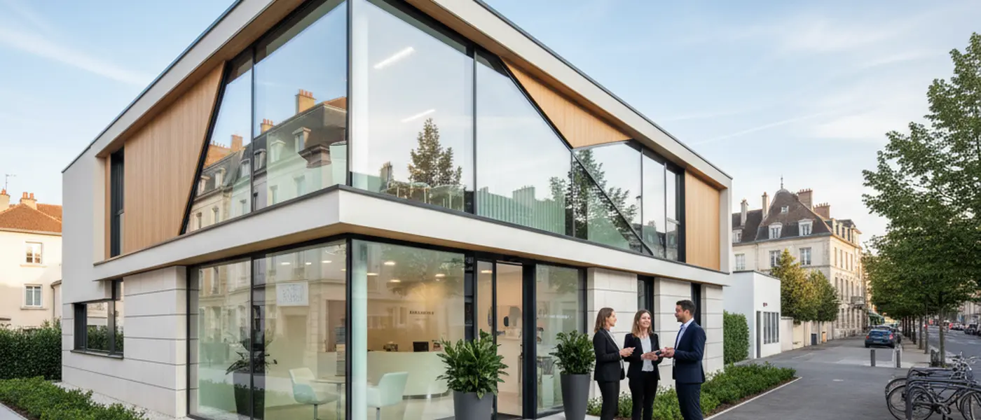 Woman checking her phone in a modern UK dental office waiting room with clean white walls