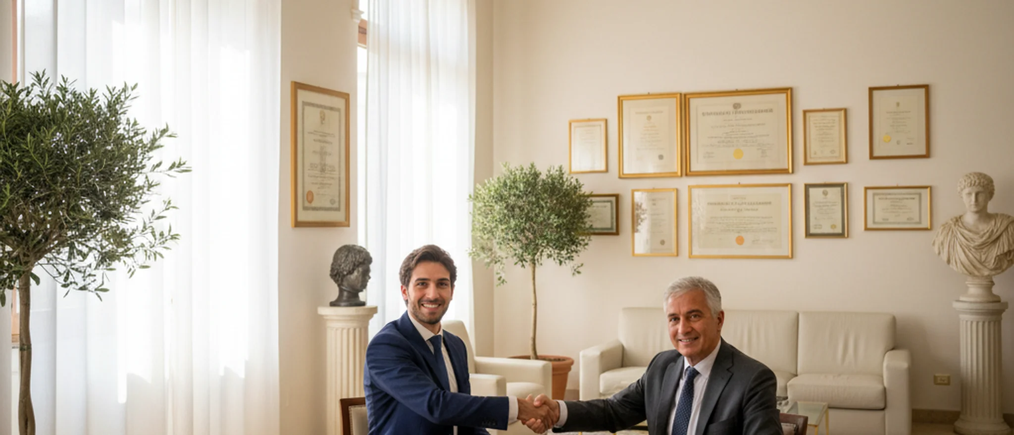 Professionista italiano stringe la mano a un avvocato durante una consulenza in uno studio legale luminoso a Roma