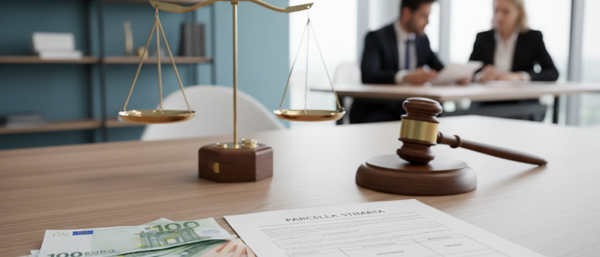 Preventivo di parcella legale in euro su una scrivania professionale con codici di legge sullo sfondo