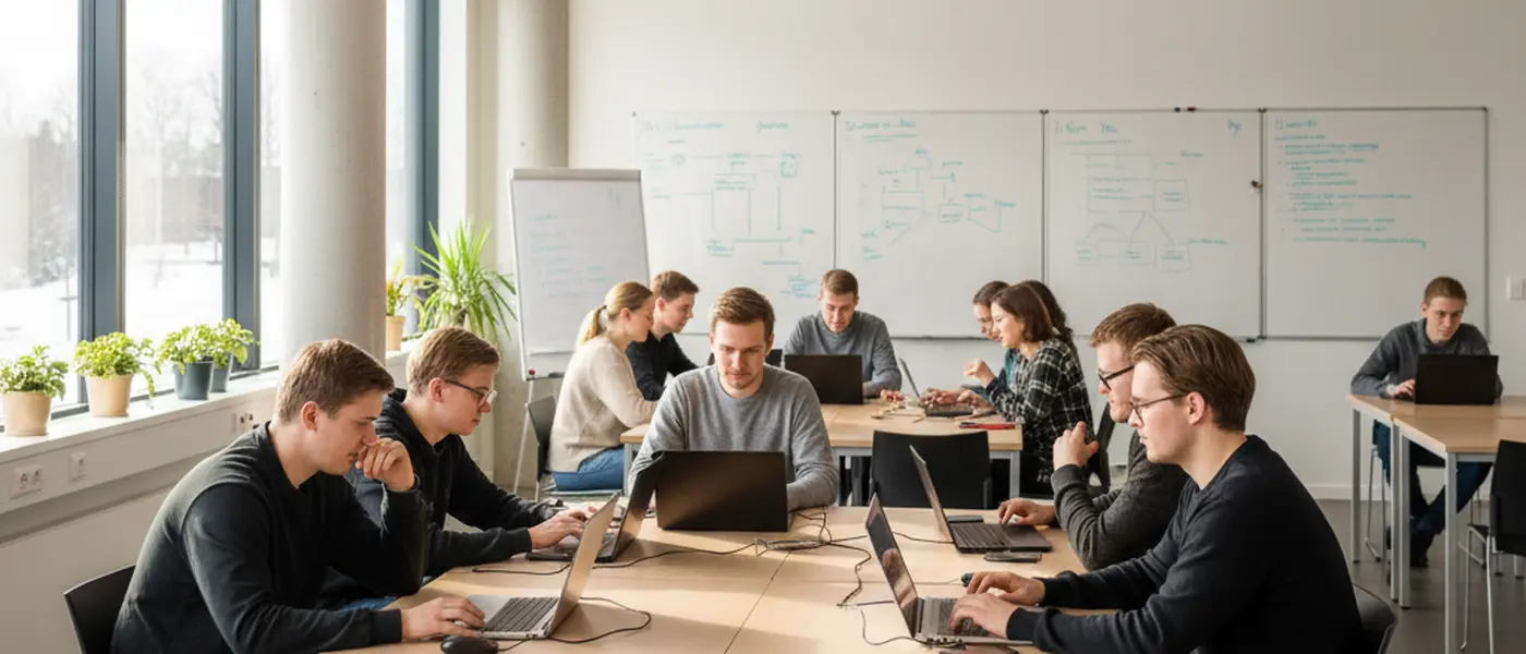 Suomalaisia opiskelijoita työskentelemässä kannettavilla tietokoneilla ammattikorkeakoulun ohjelmointityöpajassa