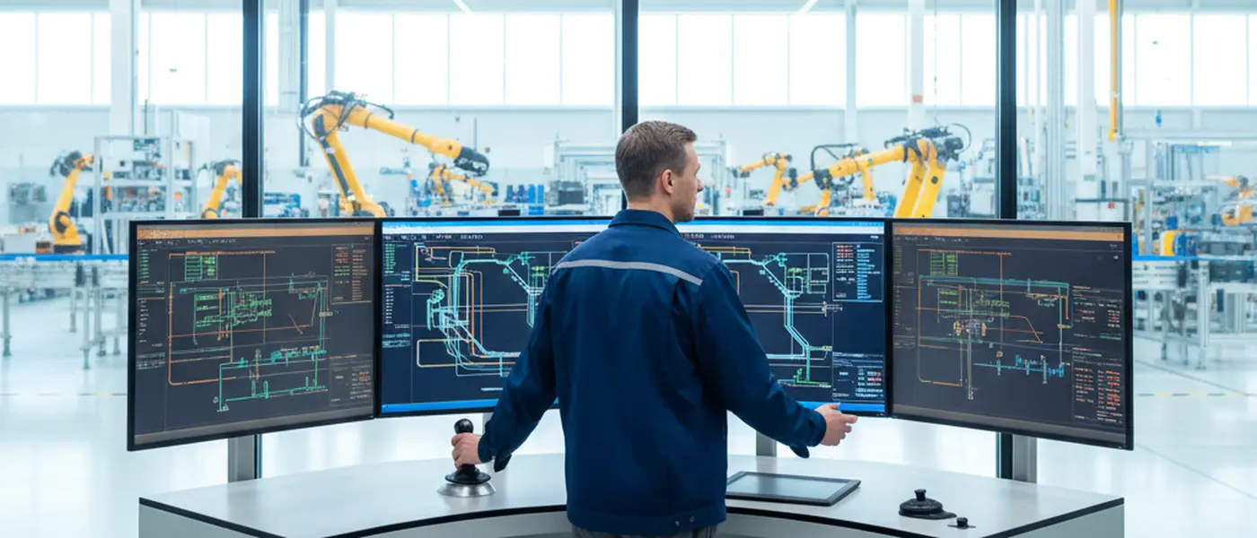 Automaatioinsinööri työskentelemässä teollisuuden SCADA-ohjauspaneelin äärellä suomalaisessa tehtaassa