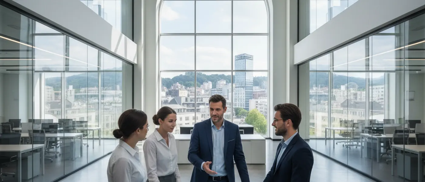 Suomalainen tietotekniikan insinööri työskentelemässä kahdella näytöllä modernissa toimistossa Helsingissä