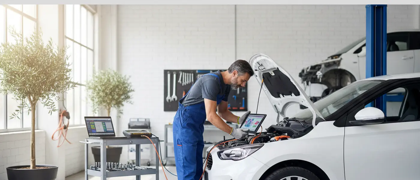 Meccanico italiano in tuta che ispeziona il motore di una piccola auto ibrida moderna in un'officina luminosa