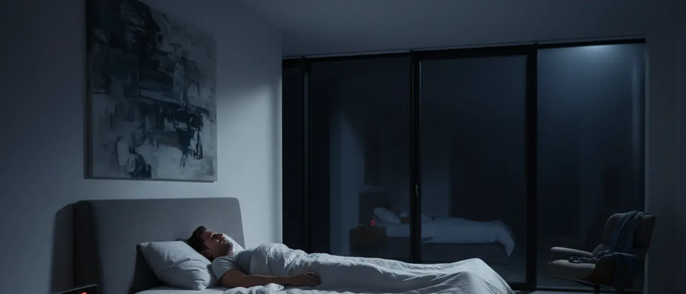 Person liegt nachts wach im dunklen Schlafzimmer und schaut auf den Wecker der 3 Uhr zeigt