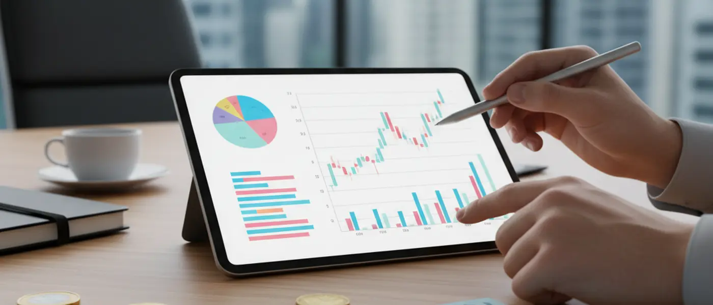 Mãos apontando gráficos financeiros em tablet com documentos de planejamento patrimonial sobre mesa de escritório