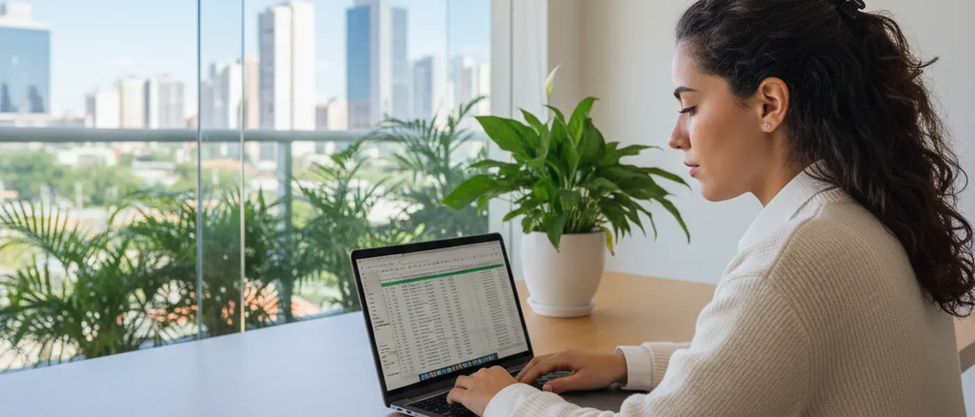 Jovem profissional brasileira analisando extratos de investimento em laptop em escritório residencial moderno