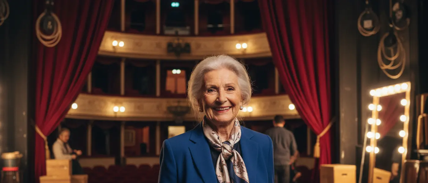 Artiste âgée pleine d'énergie dans les coulisses d'un théâtre, portrait candide