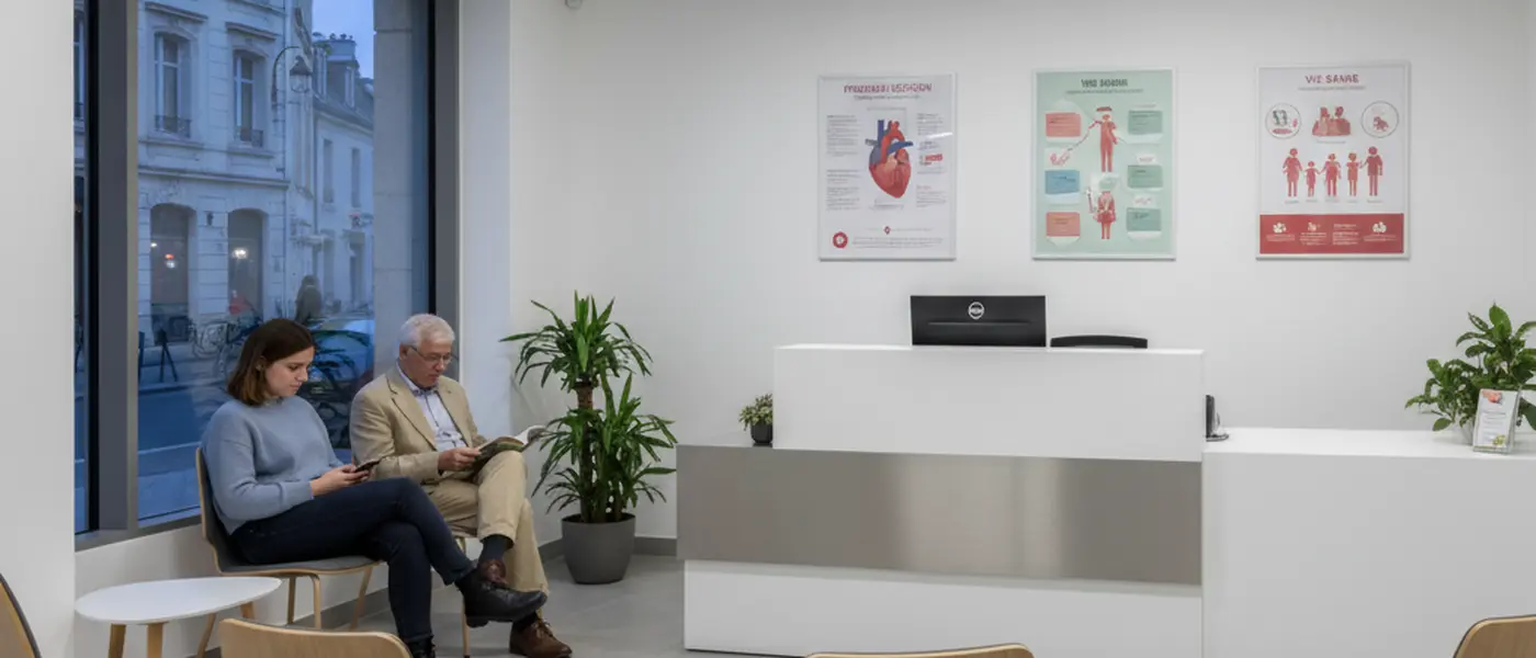 Salle d'attente d'une maison médicale de garde française avec chaises, comptoir d'accueil et affiches médicales