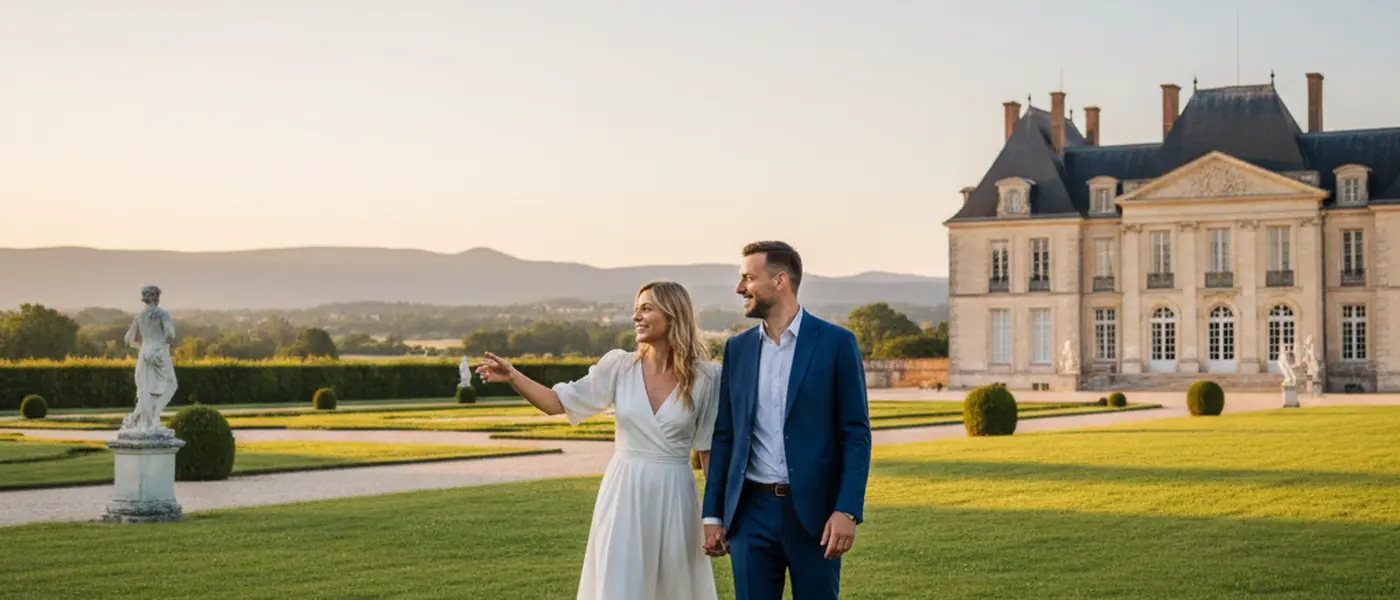 Consultor financeiro brasileiro revisando documentos patrimoniais com casal em escritório moderno