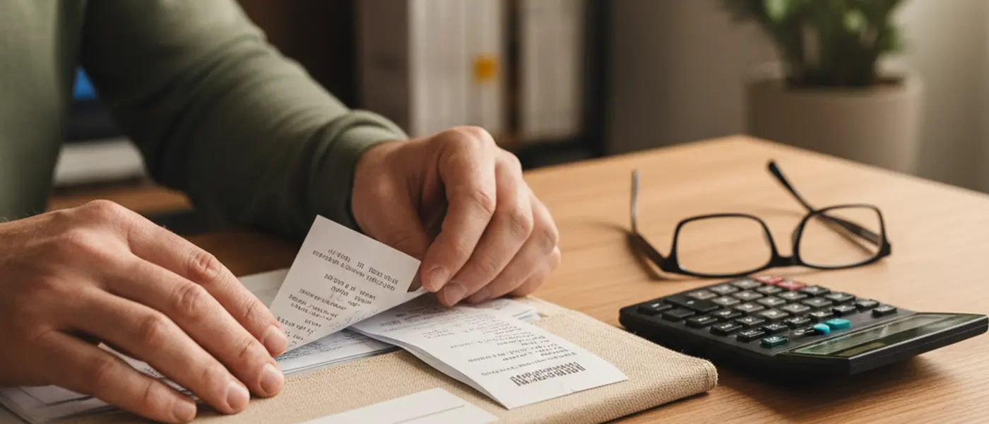 Hände sortieren Steuerbelege und Quittungen auf einem Schreibtisch neben Taschenrechner und Brille