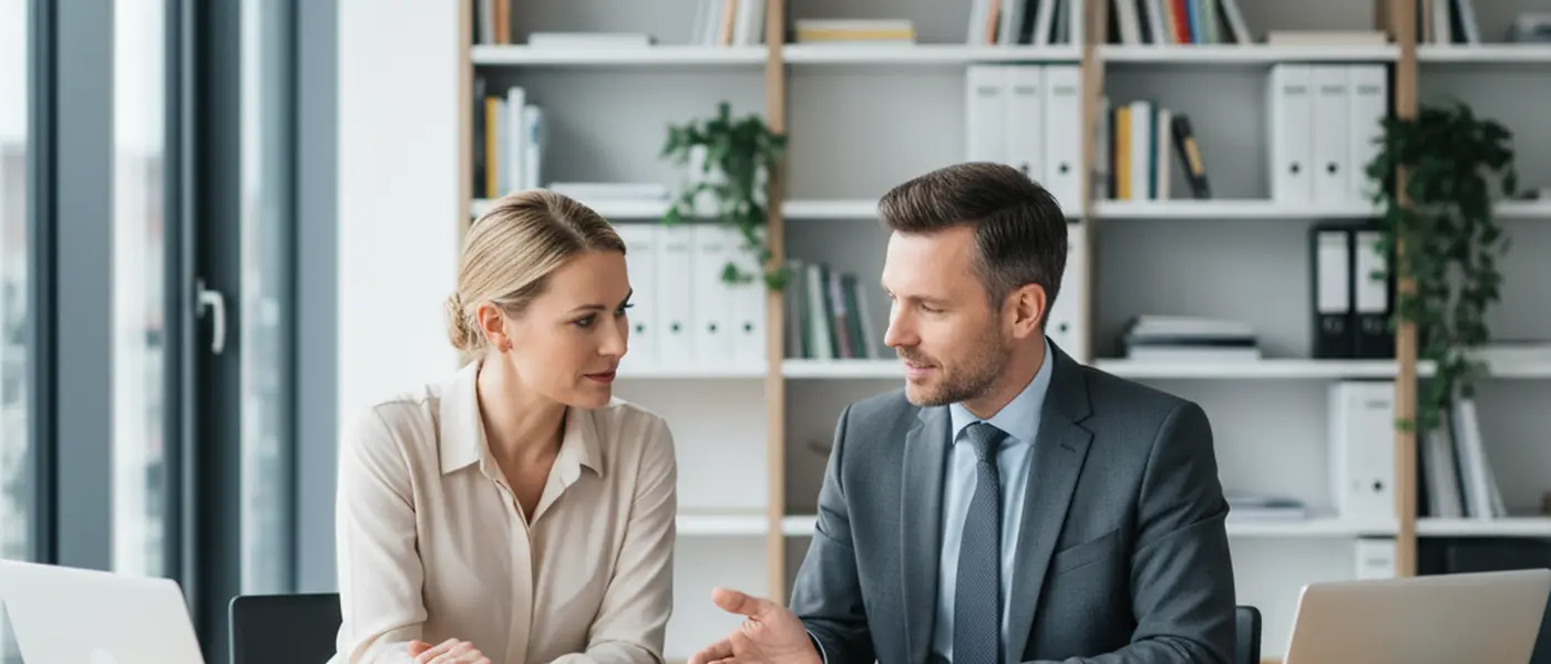 Steuerberater erklärt einem Kunden ein Dokument in einem modernen deutschen Büro
