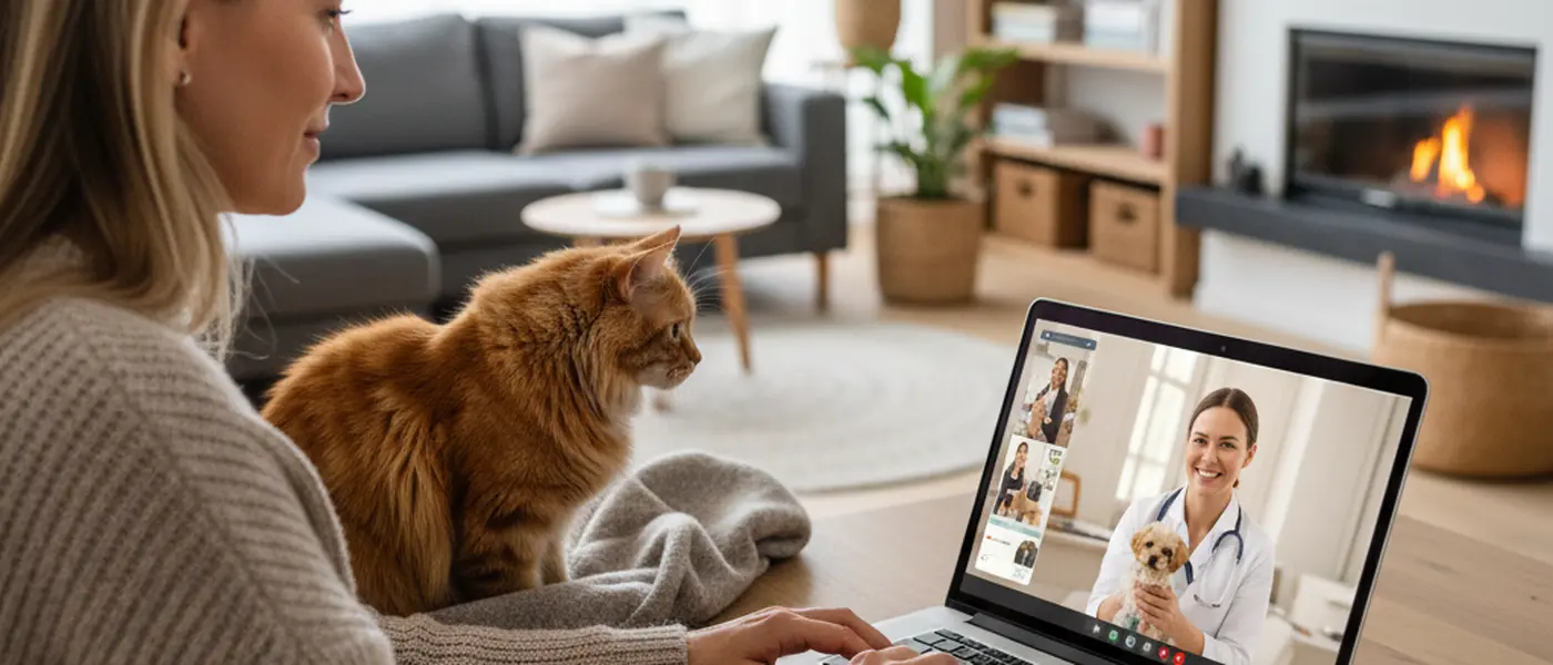 Tierhalter bei einer Online-Konsultation mit einem Tierarzt per Videocall, Katze neben dem Laptop