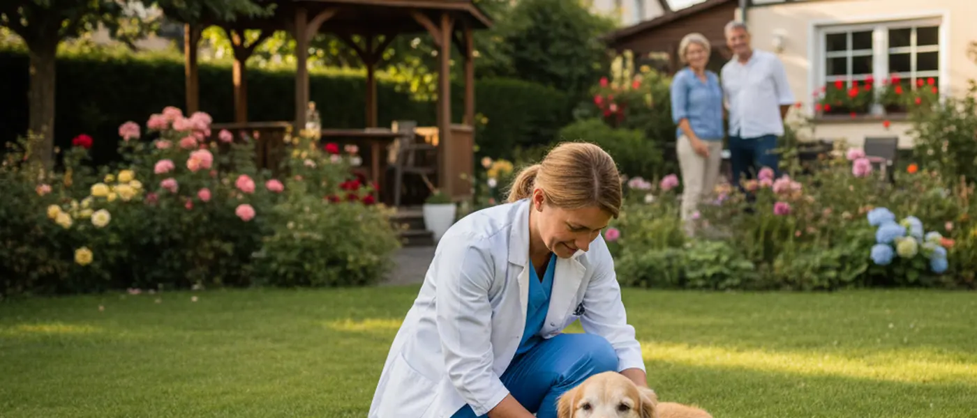 Mobiler Tierarzt untersucht einen älteren Hund im Garten einer deutschen Familie