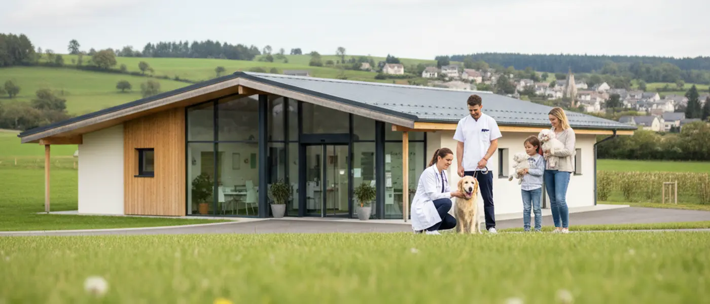 Tierärztin untersucht einen Golden Retriever auf dem Behandlungstisch in einer modernen Tierklinik