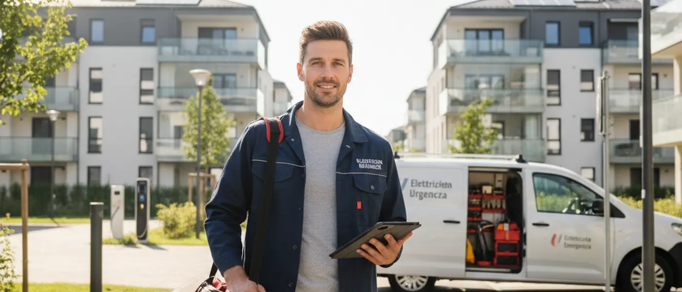 Elettricista italiano che ispeziona un quadro elettrico residenziale con una torcia in un appartamento