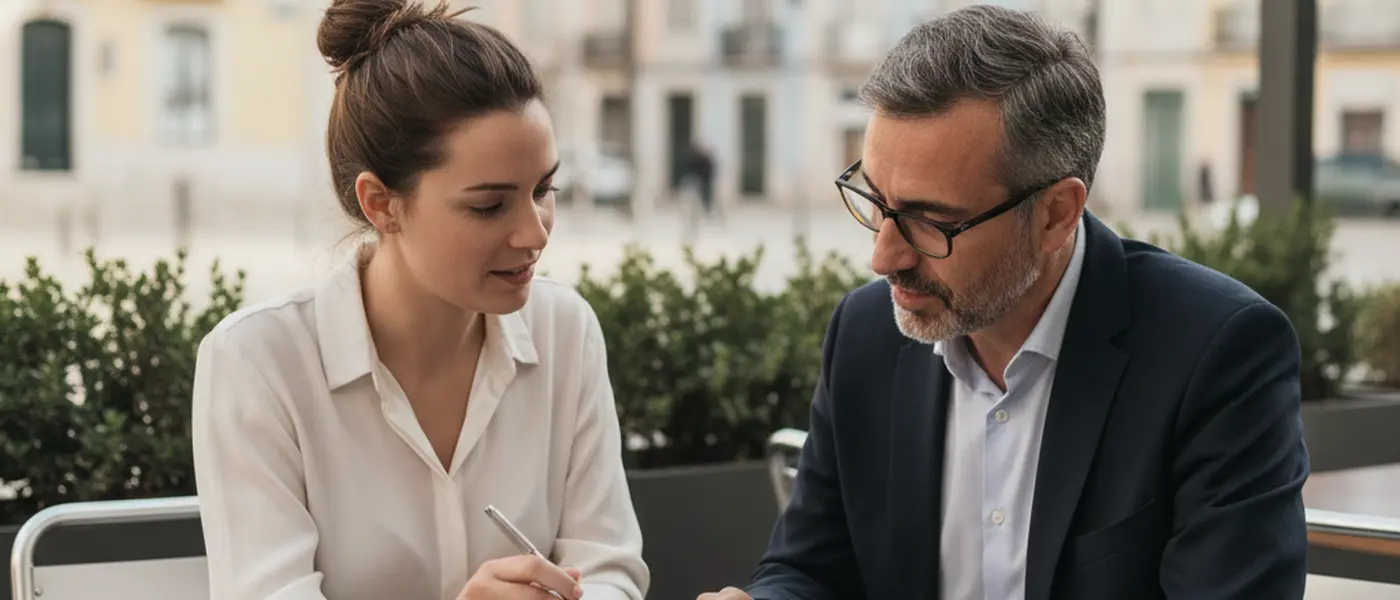 Freelancer português a discutir documentos fiscais com um contabilista num café em Lisboa