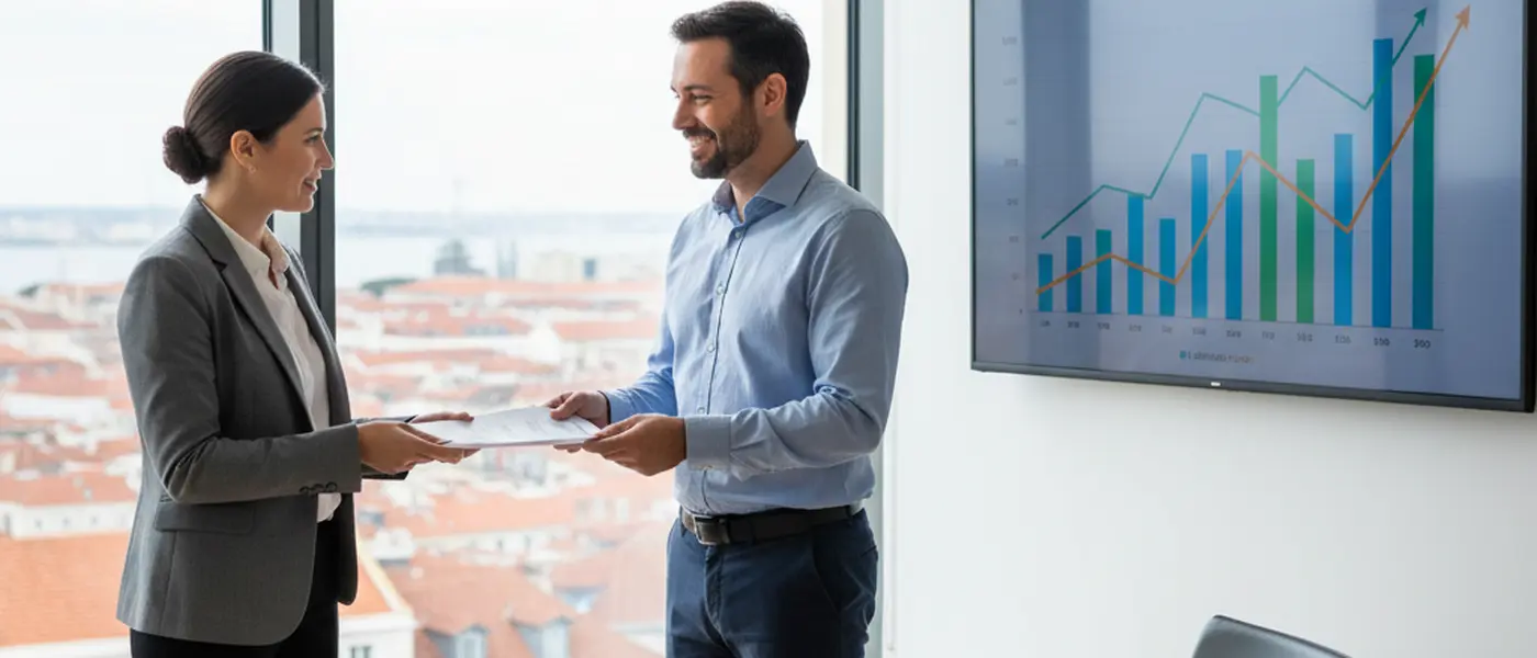 Proprietário de pequeno negócio em Portugal a entregar documentos a um contabilista num escritório moderno