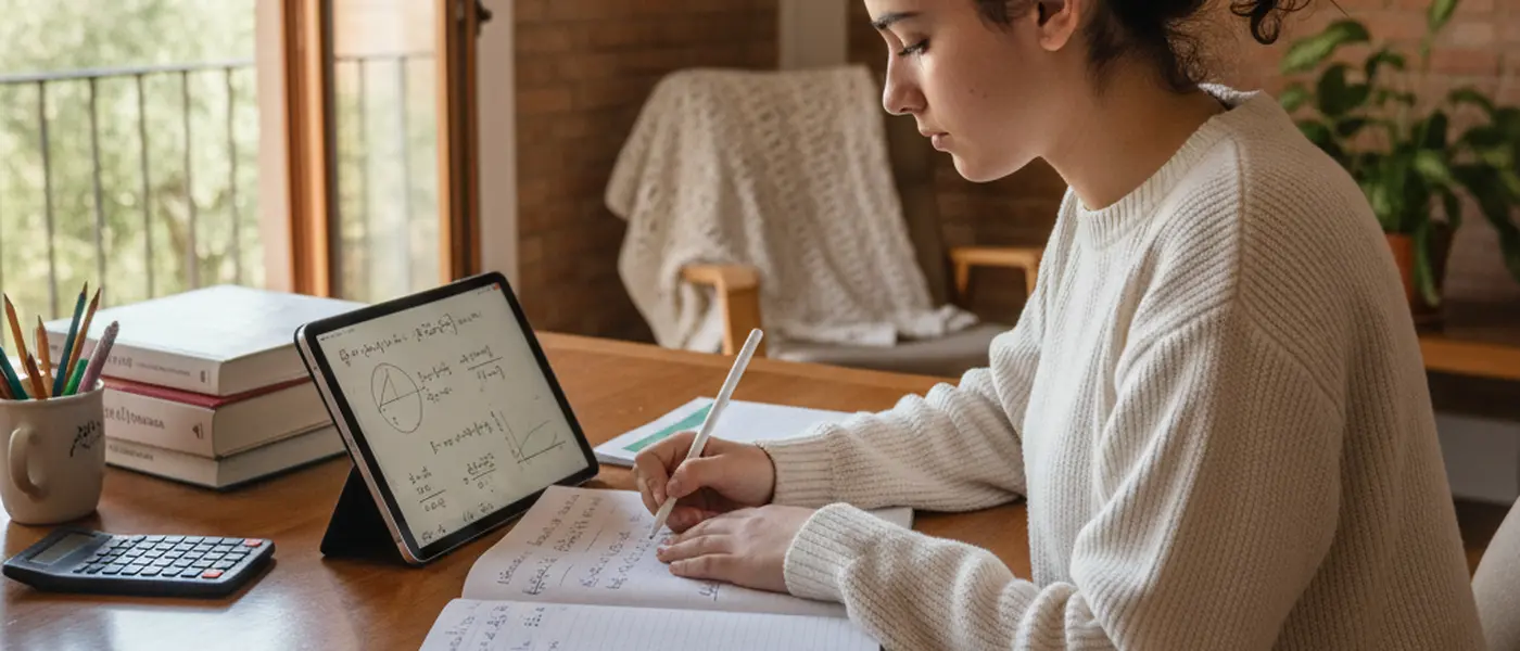 Studente italiano che prende appunti durante una lezione di algebra online su tablet