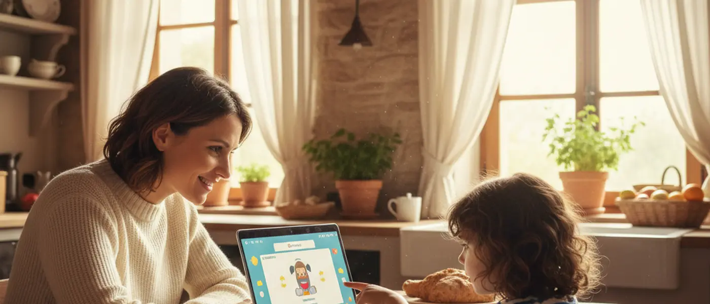 Genitore e bambino seduti al tavolo della cucina durante una lezione online