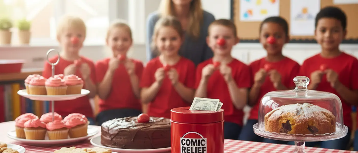 School fundraising bake sale table for Red Nose Day 2026 with donation tin in UK classroom