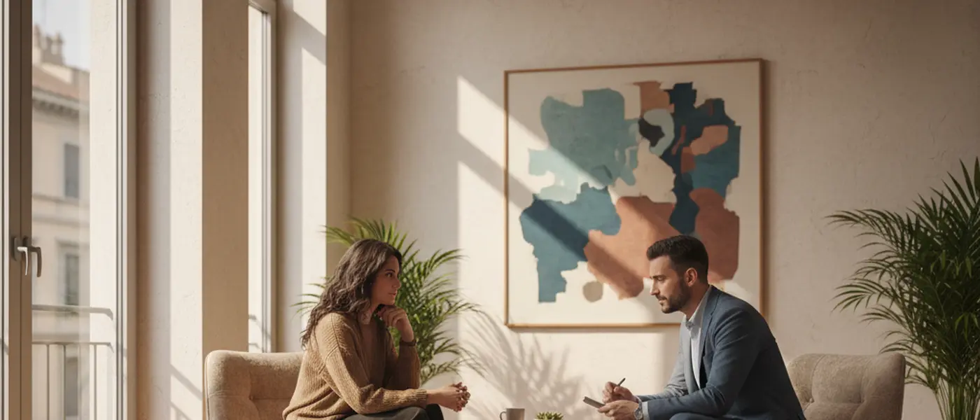 Donna italiana in seduta di psicoterapia, seduta di fronte a uno psicologo clinico in un ufficio professionale caldo, espressione riflessiva