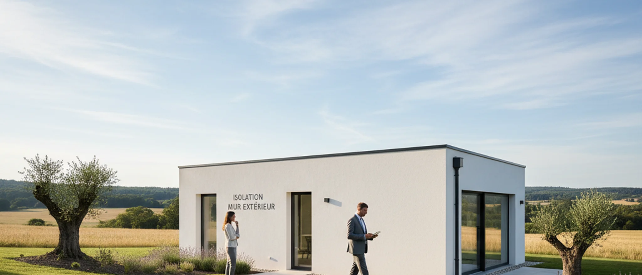 Artisan posant des panneaux isolants sur le mur extérieur d'une maison en pierre dans un quartier résidentiel français