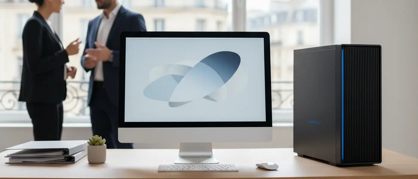 Ordinateur tout-en-un blanc à côté d'une tour PC noire sur un bureau moderne, illustrant la différence de taille entre les deux formats