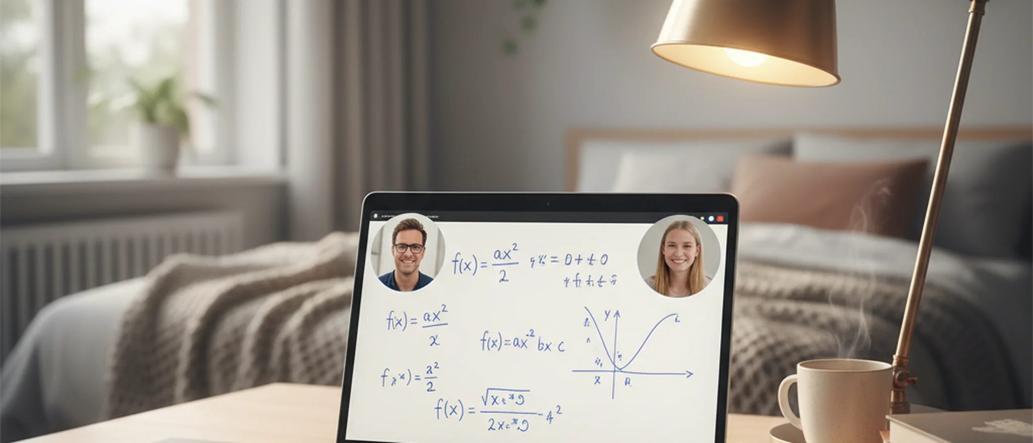 Laptopscherm met digitaal whiteboard en wiskundige vergelijkingen tijdens een online bijles sessie