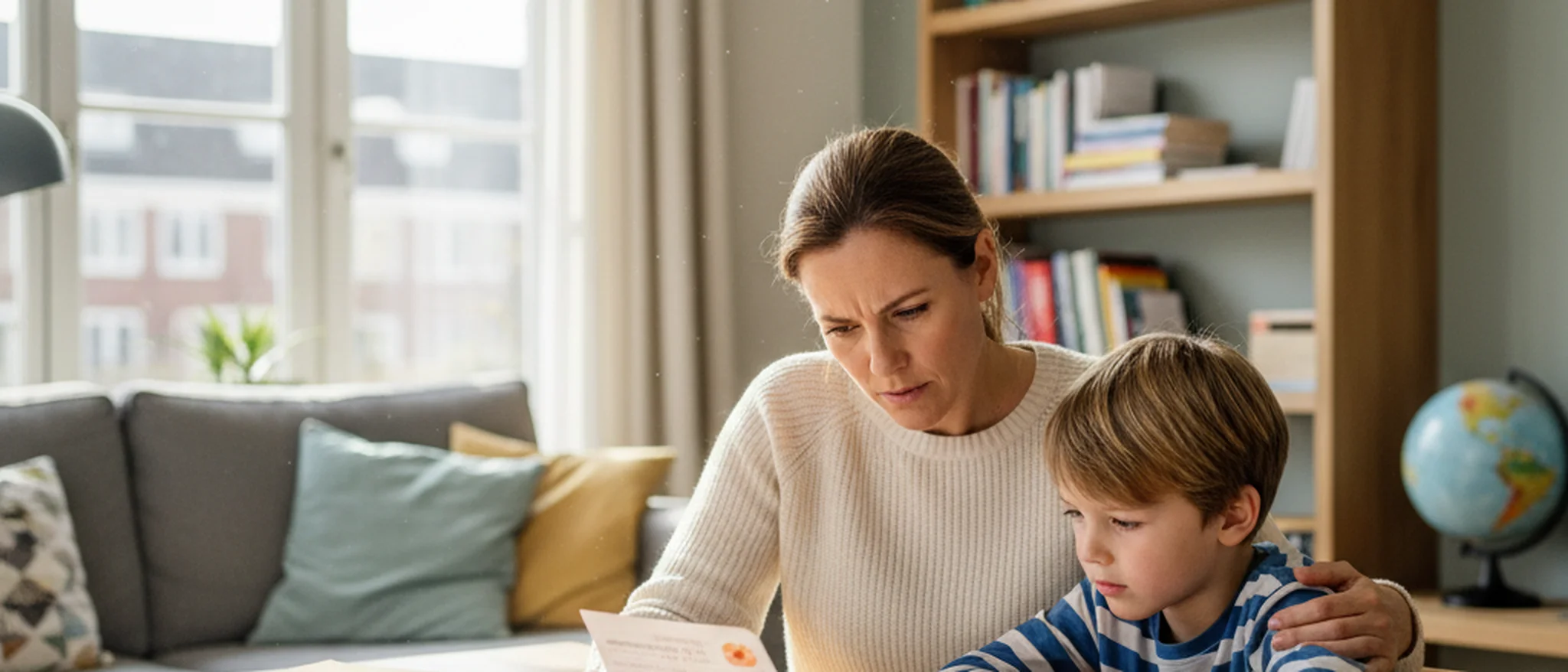 Ouder en kind bekijken samen een schoolrapport aan de eettafel met boeken en schoolspullen