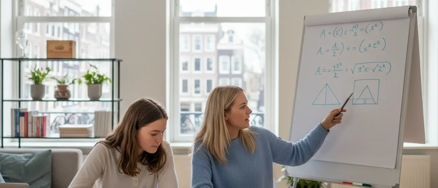 Nederlandse tiener en bijlesdocent werken samen aan wiskundeopgaven aan een keukentafel