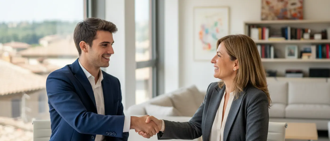 Imprenditore italiano che stringe la mano a un commercialista in uno studio professionale moderno