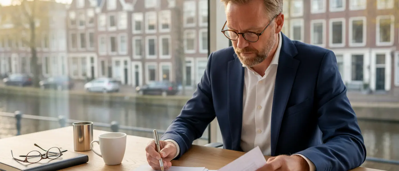 Professionele jurist bestudeert contractpapieren aan een bureau in een Nederlands kantoor