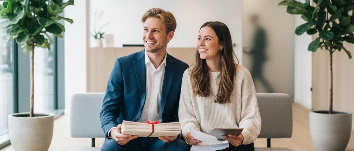 Jong Nederlands stel wacht in de hal van een advocatenkantoor met documenten
