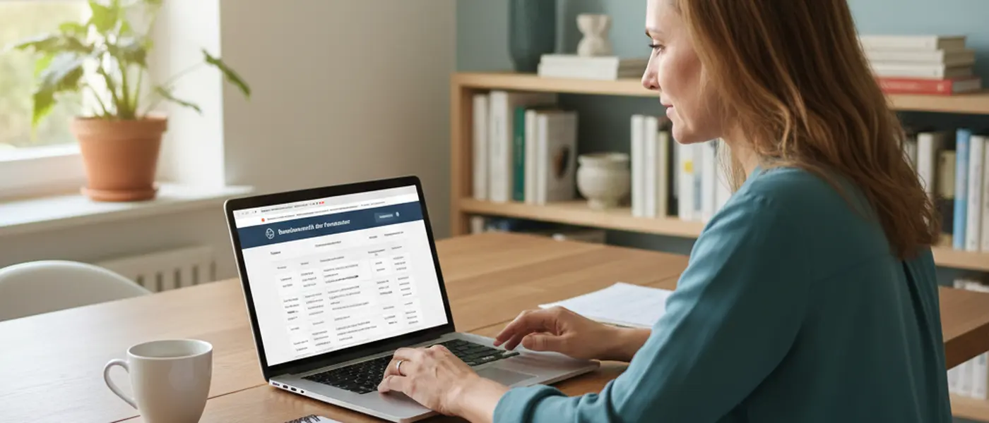 Person prüft die Qualifikationen eines Finanzberaters auf einem Laptop in einem hellen Homeoffice