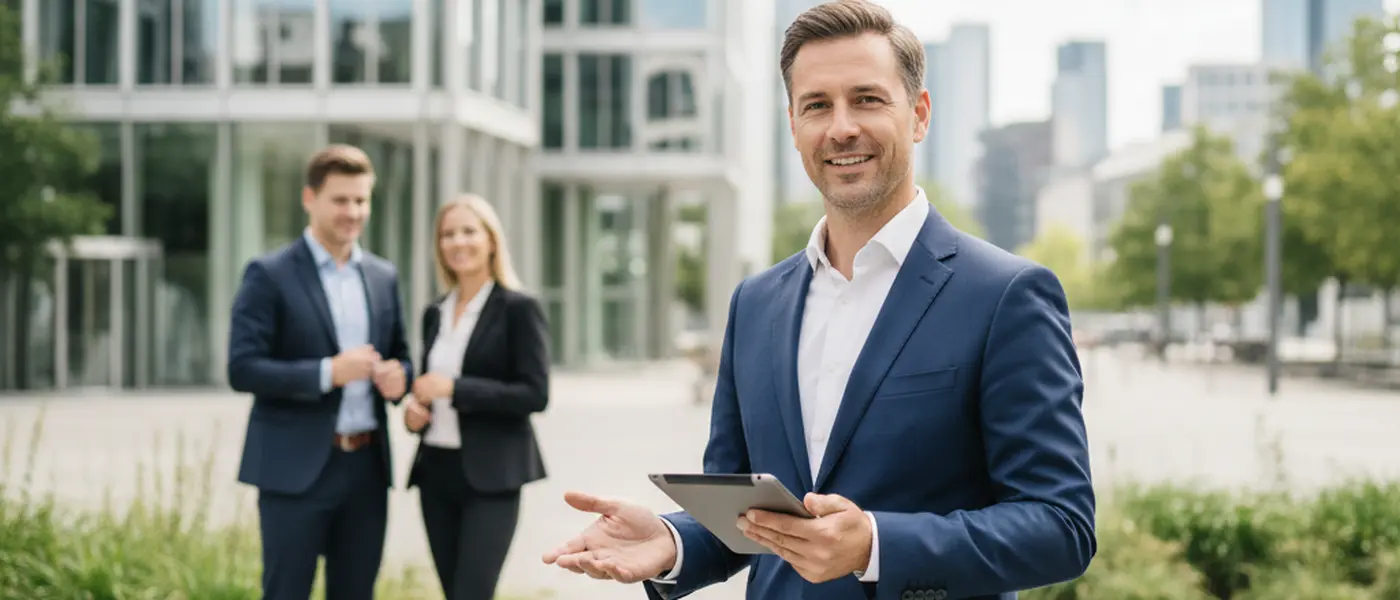 Finanzberater bespricht Anlagestrategien mit einem Ehepaar in einem modernen Büro mit Finanzgrafiken im Hintergrund