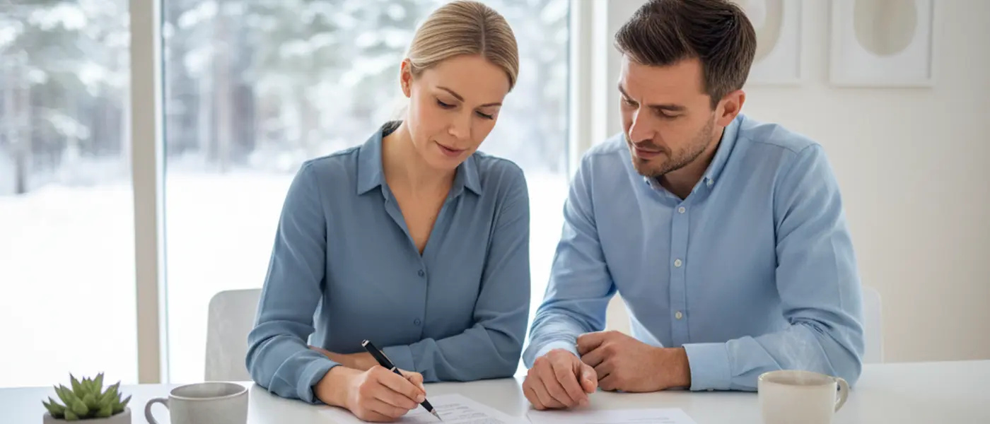 Kvinna och advokat granskar familjerättsliga dokument vid skrivbord i ljust svenskt kontor