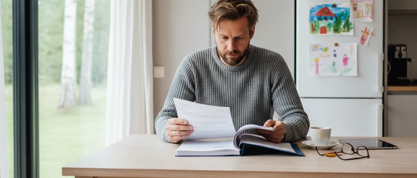 Svensk pappa läser rättshandlingar vid köksbord med barnteckningar på kylskåpet i bakgrunden