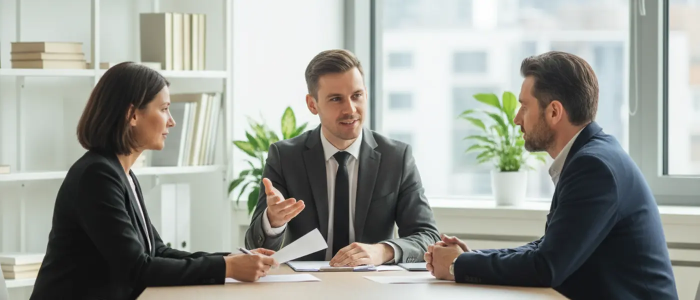 Kvinna och familjerättsadvokat granskar juridiska dokument i ett ljust modernt kontor i Stockholm