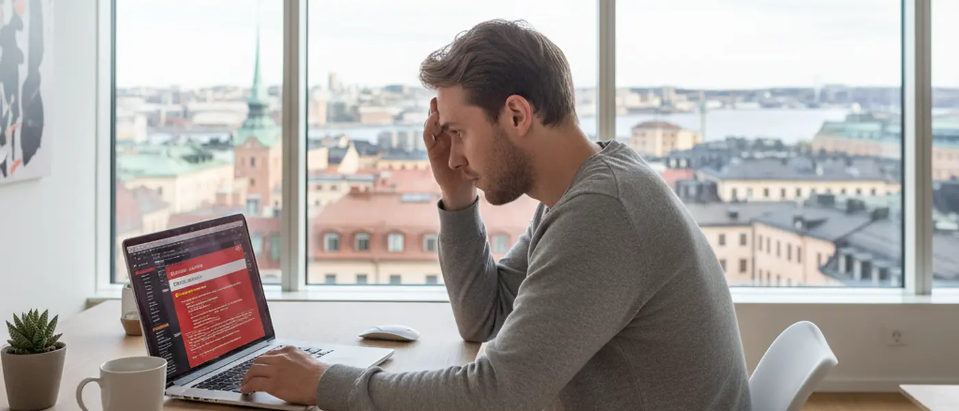 Person vid skrivbord kontrollerar felmeddelande på bärbar dator i ljus hemmamiljö