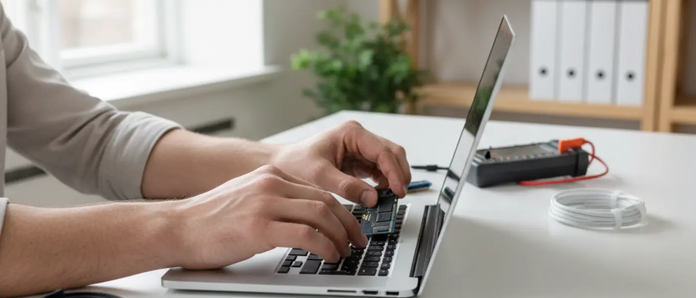 Närbild av händer som installerar en ny SSD-disk i en öppen bärbar dator på ett organiserat skrivbord